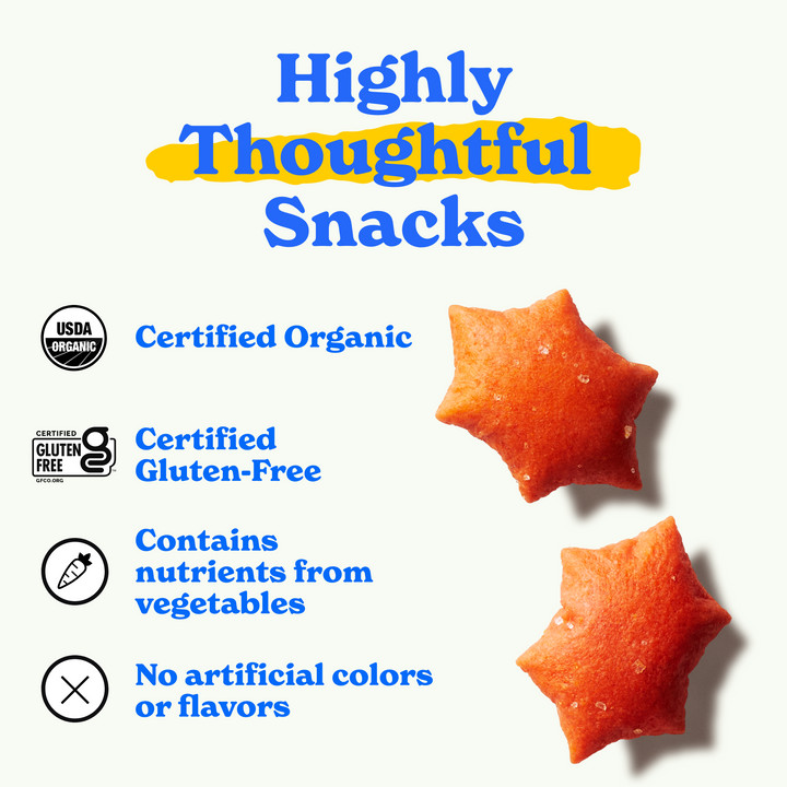 MadeGood Pizza Star Puffed Crackers with two orange, star-shaped crackers. Text highlights: 'Highly Thoughtful Snacks.' Claims include Certified Organic, Certified Gluten-Free, contains nutrients from vegetables, and no artificial colours or flavours.