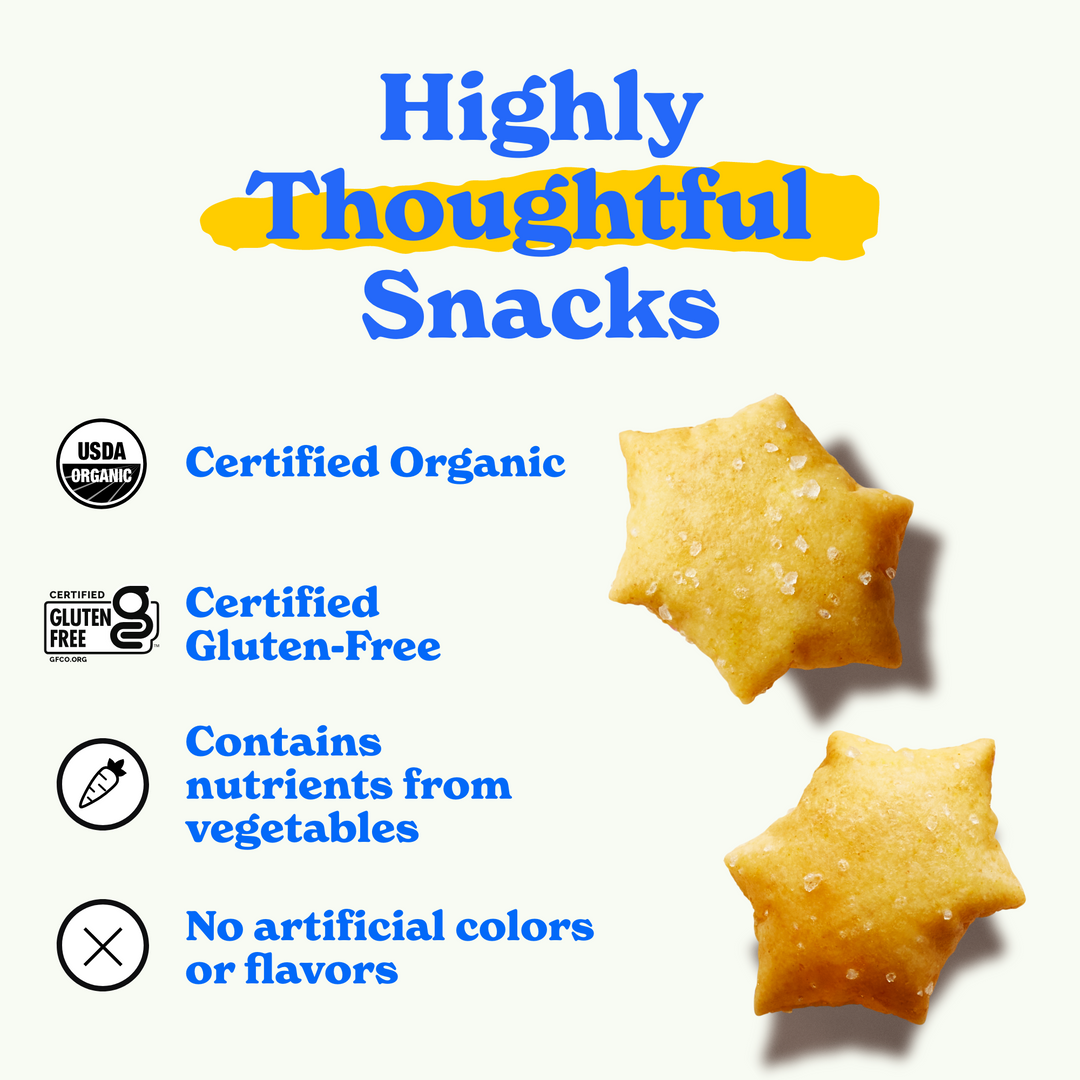 Highly thoughtful snacks: Certified Organic, certified gluten-free, contains nutrients from vegetables, no artificial colors or flavors