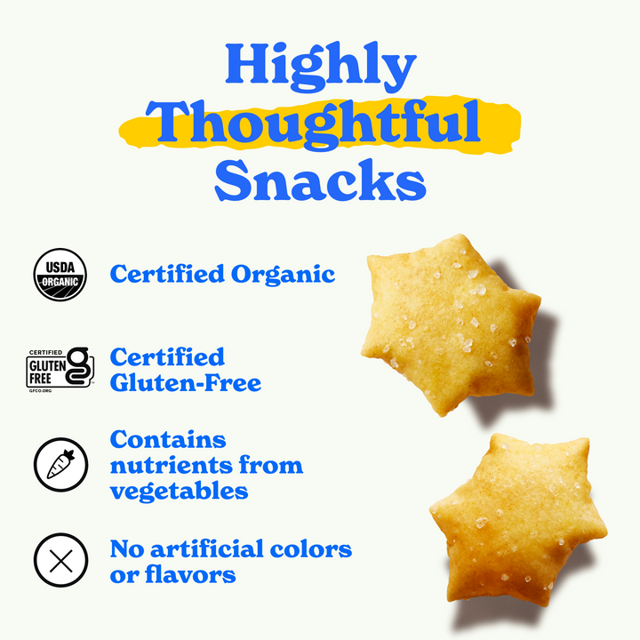 Highly thoughtful snacks: Certified Organic, certified gluten-free, contains nutrients from vegetables, no artificial colors or flavors