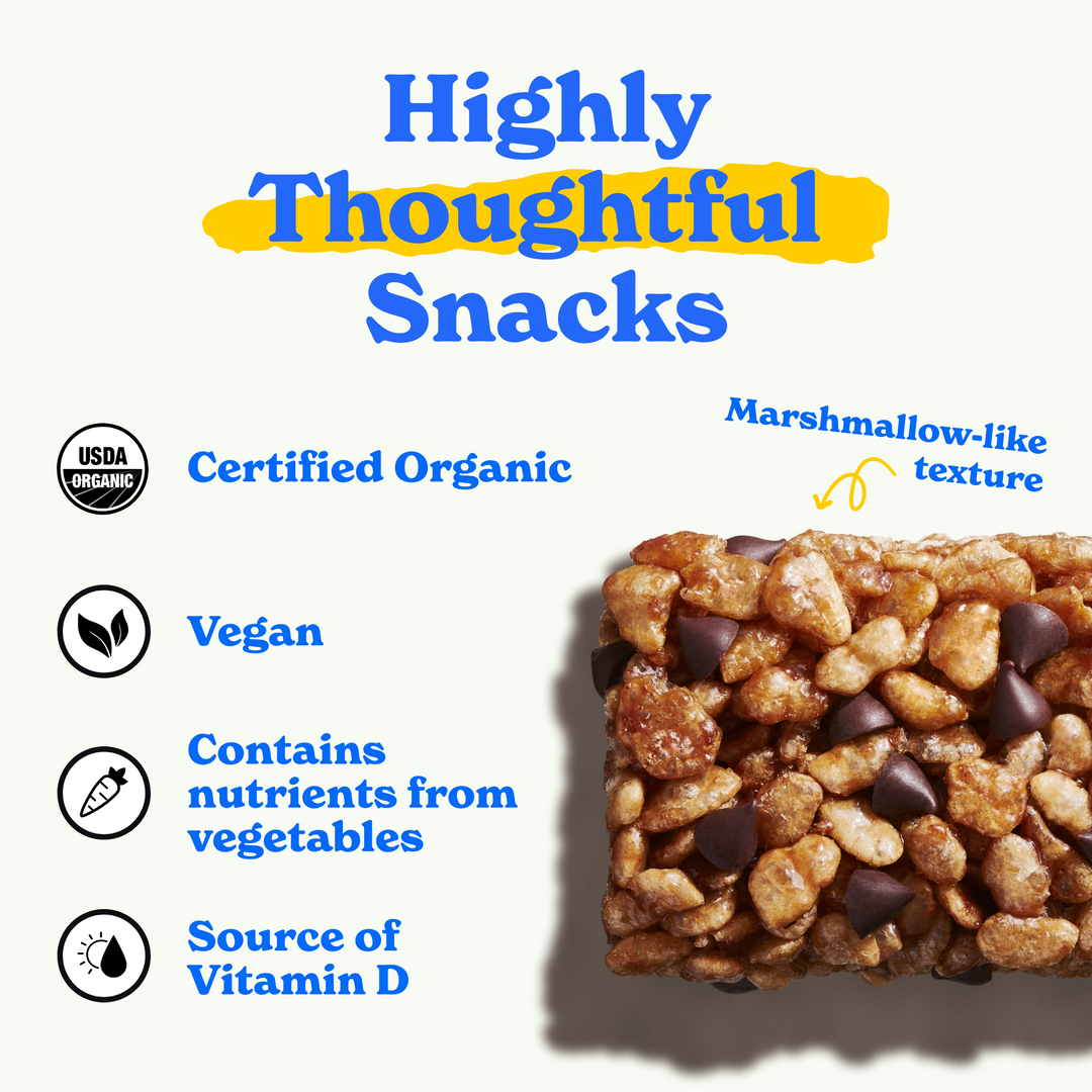 MadeGood snack with marshmallow-like texture. Text highlights: 'Highly Thoughtful Snacks.' Features include Certified Organic, Vegan, Nutrients from Vegetables, and Source of Vitamin D, with icons for each benefit.