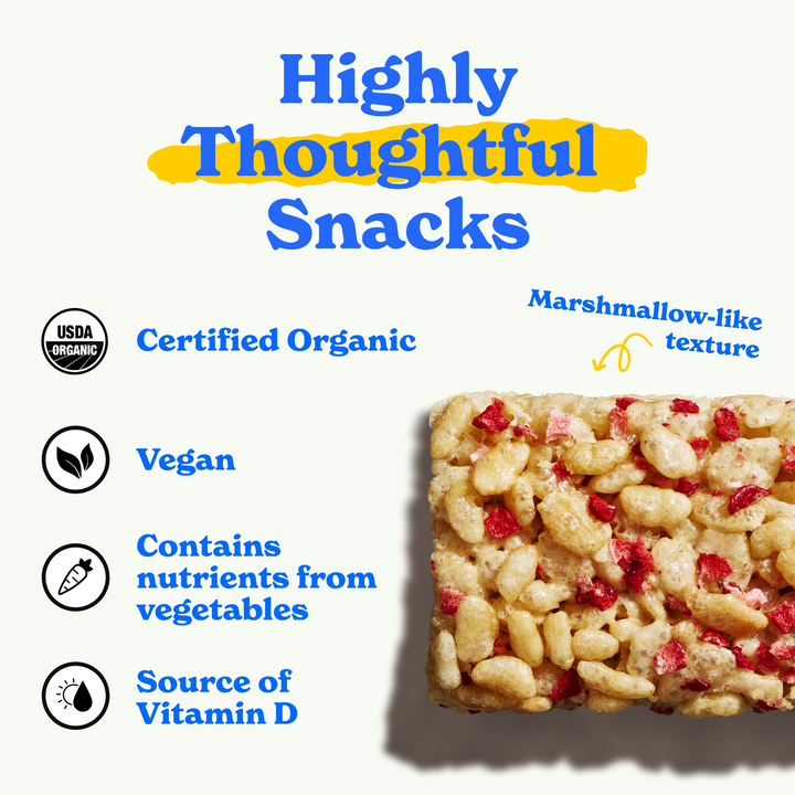 MadeGood snack with marshmallow-like texture. Text highlights: 'Highly Thoughtful Snacks.' Features include Certified Organic, Vegan, Nutrients from Vegetables, and Source of Vitamin D, with icons for each benefit.