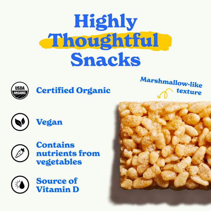 MadeGood snack with marshmallow-like texture. Text highlights: 'Highly Thoughtful Snacks.' Features include Certified Organic, Vegan, Nutrients from Vegetables, and Source of Vitamin D, with icons for each benefit.