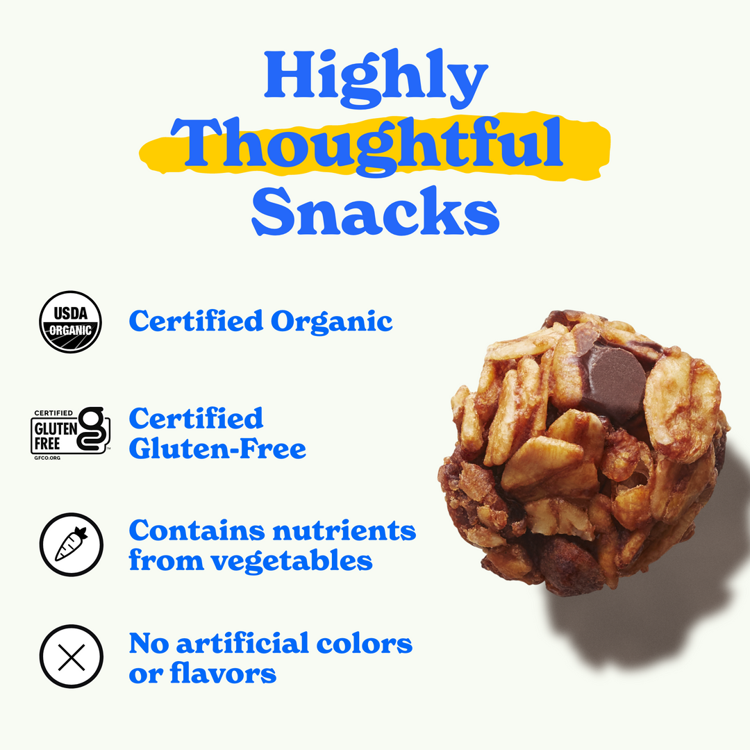 MadeGood granola ball with chocolate chips. Text reads: 'Highly Thoughtful Snacks.' Features include Certified Organic, Certified Gluten-Free, Nutrients from Vegetables, and No Artificial Colours or Flavours, with corresponding icons.