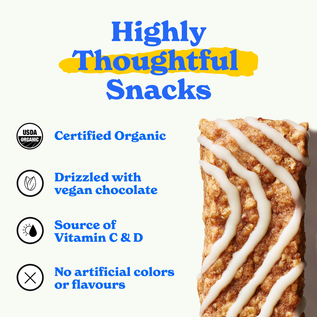 A cinnamon bun soft-baked bar with white icing drizzle is shown on the right side. On the left, bold blue and yellow text reads "Highly Thoughtful Snacks." Below, icons with text highlight key features: "Certified Organic," "Drizzled with vegan chocolate," "Source of Vitamin C & D," and "No artificial colors or flavors.