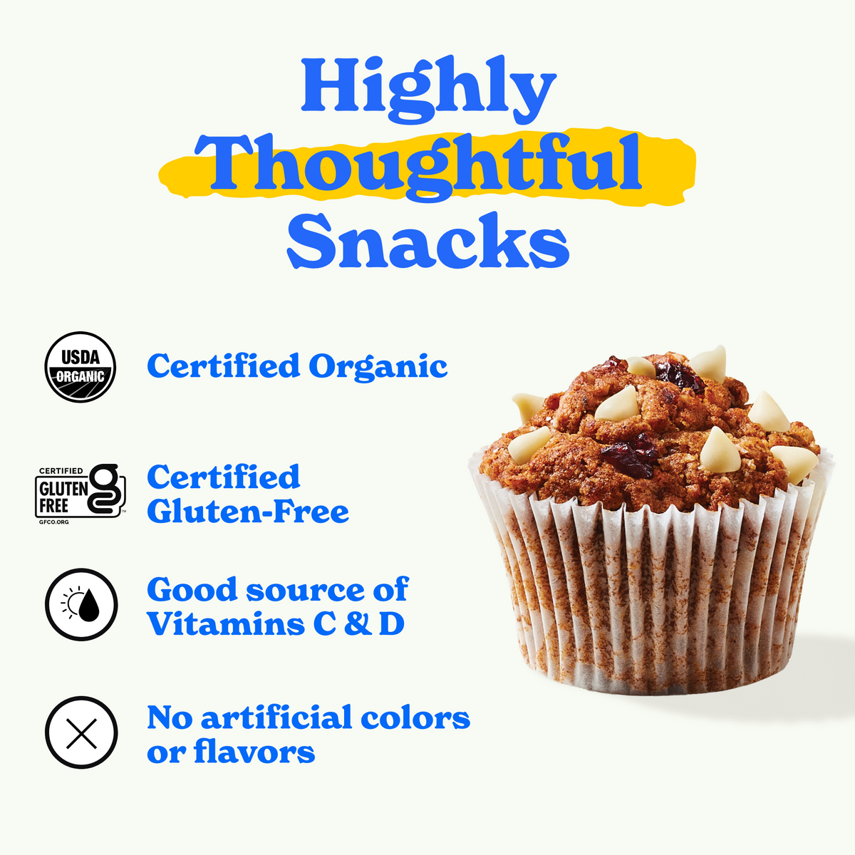 A muffin with white chocolate chips and dried fruit is featured alongside text highlighting its benefits: "Certified Organic," "Gluten-Free," "Good source of Vitamins C & D," and "No artificial colors or flavors," with relevant icons. The heading reads "Highly Thoughtful Snacks" in bold blue and yellow.