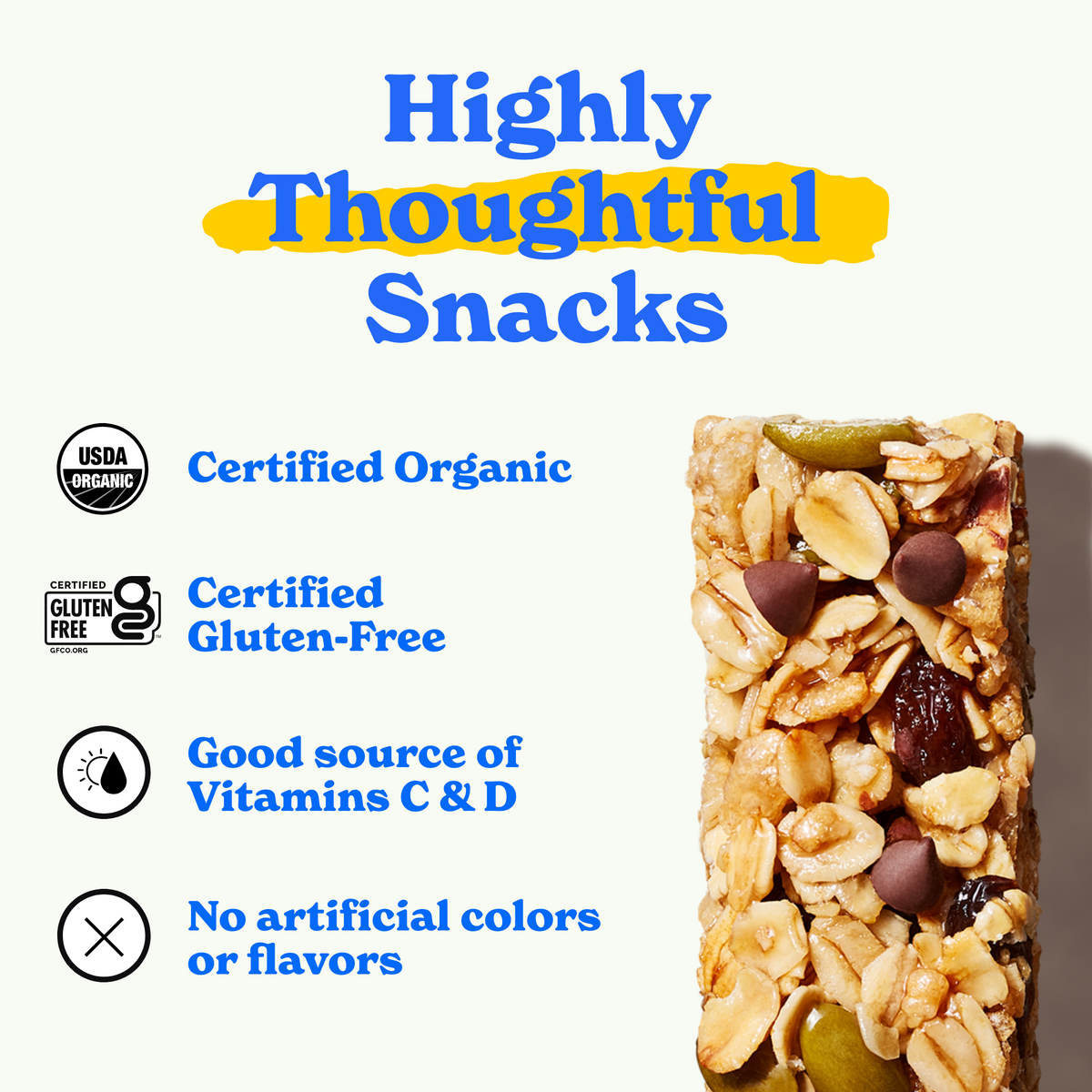 Packaged trail mix bar with green text promoting FSC-certified paper wrapping. Encourages recycling. Branded "MadeGood," gluten and nut-free, USDA organic.