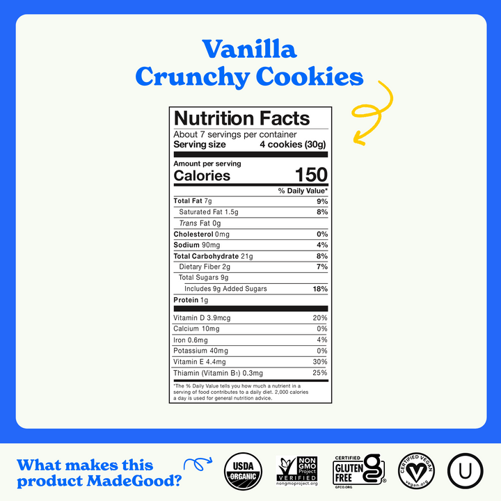 Nutrition facts for MadeGood Vanilla Crunchy Cookies. Serving size: 4 cookies (30g), 150 calories, 7g total fat (1.5g saturated), 21g carbohydrates, 9g sugars (9g added), 2g fiber, 1g protein, and essential vitamins. USDA Organic, Non-GMO Verified, Gluten-Free, Vegan, and Kosher certified.
