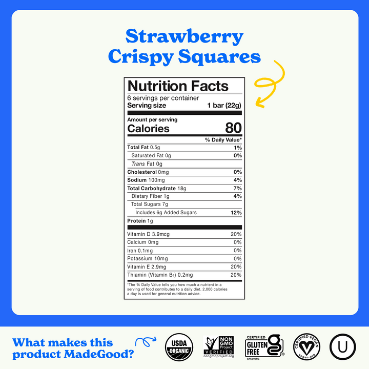 Nutrition facts label for MadeGood Strawberry Crispy Squares. Each serving is 1 bar (22g) with 80 calories. It contains 0.5g total fat (1% DV), 0mg cholesterol, 100mg sodium (4% DV), 18g total carbohydrates (7% DV), including 6g added sugars (12% DV), 1g protein, and 20% DV of Vitamin D, Vitamin E, and Thiamin. The product is USDA Organic, Non-GMO Project Verified, Certified Gluten-Free, Certified Vegan, and Kosher.