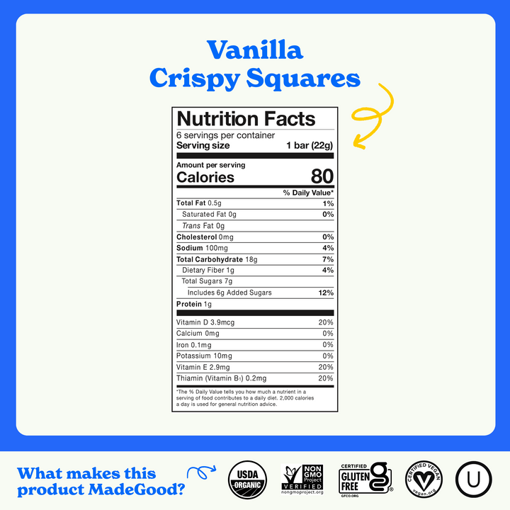 Nutrition facts label for MadeGood Vanilla Crispy Squares. Each serving is 1 bar (22g) with 80 calories. It contains 0.5g total fat (1% DV), 0mg cholesterol, 100mg sodium (4% DV), 18g total carbohydrates (7% DV), including 6g added sugars (12% DV), 1g protein, and 20% DV of Vitamin D, Vitamin E, and Thiamin. The product is USDA Organic, Non-GMO Project Verified, Certified Gluten-Free, Certified Vegan, and Kosher.