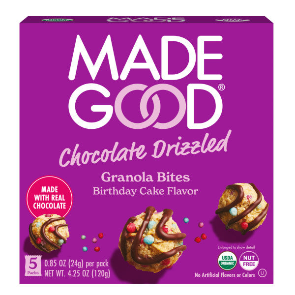 Box of MadeGood chocolate drizzled granola bites in birthday cake flavor