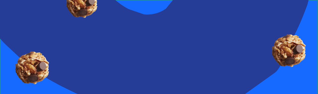 Background of blue abstract shapes, overlaid with scattered MadeGood granola bites.