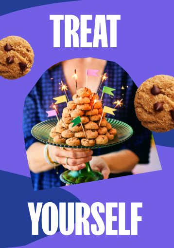 Person holding a tower of cookies on a cake stand with 'Treat Yourself' text on a purple background.