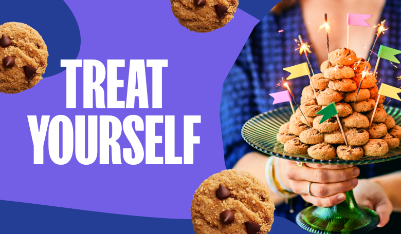 Person holding a tower of cookies on a cake stand with 'Treat Yourself' text on a purple background