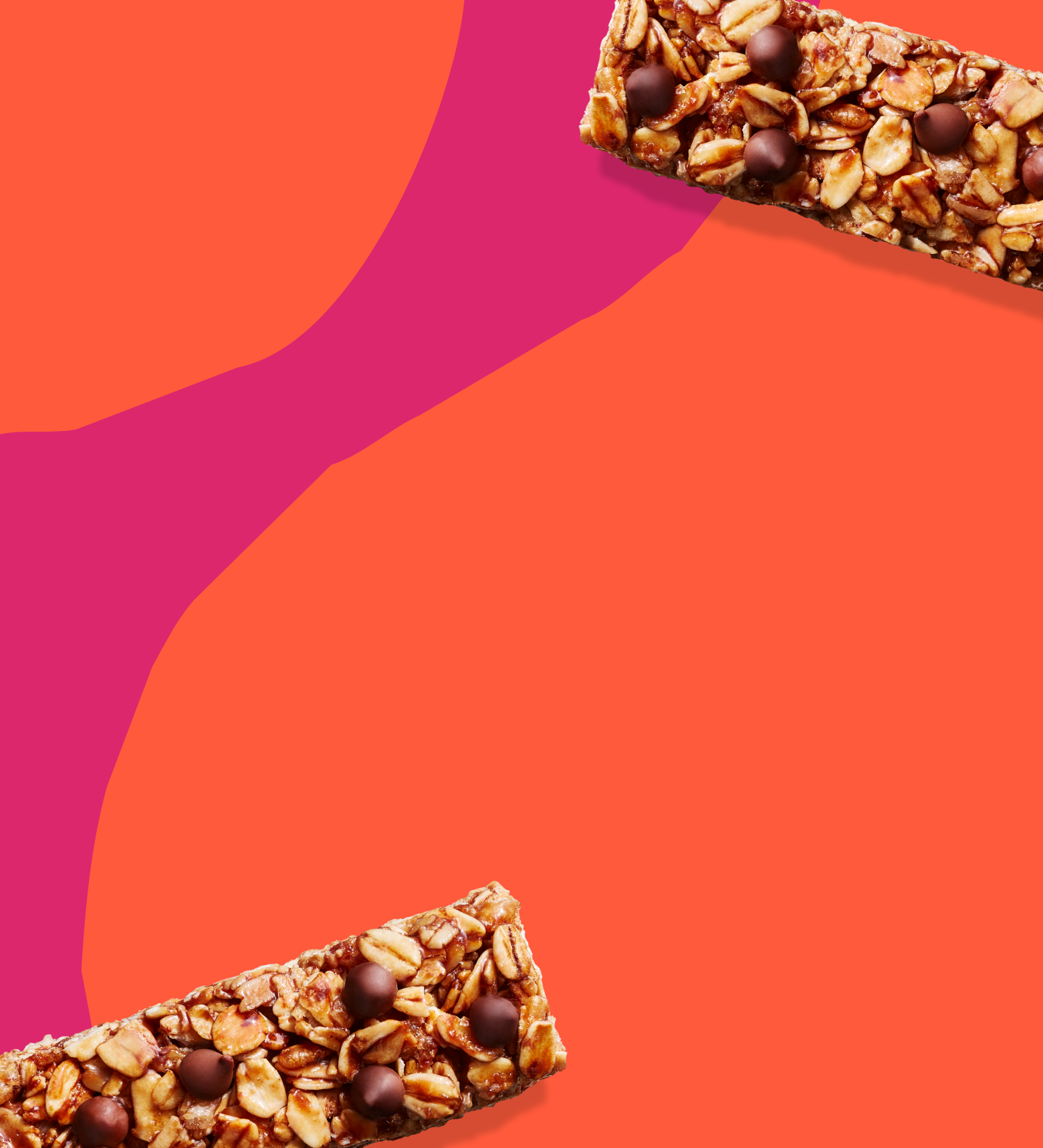 Two granola bars on a vibrant orange and pink abstract background