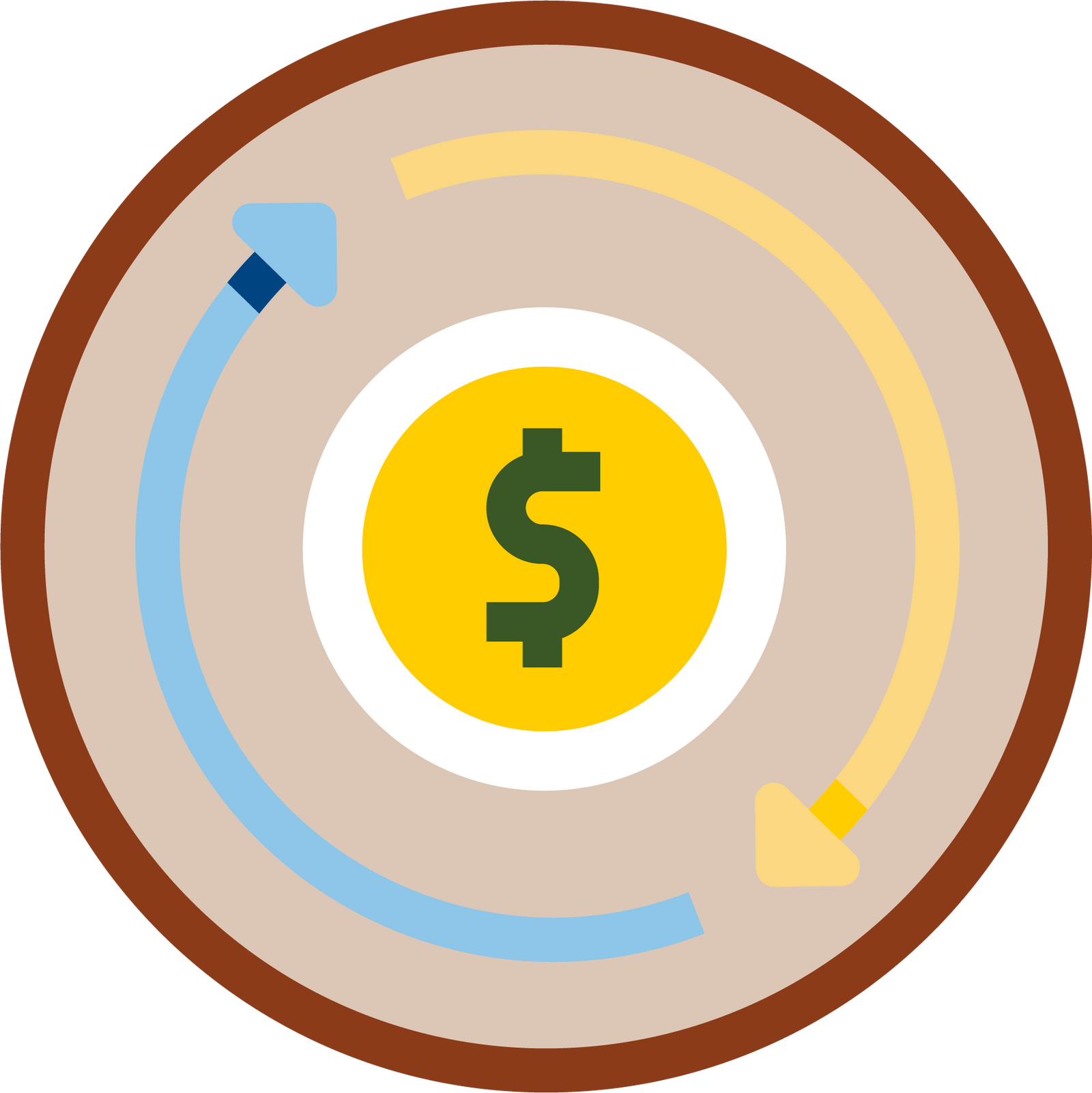 Circular economy icon, rounded arrow pointing up and rounded arrow pointing down with a dollar sign in the middle