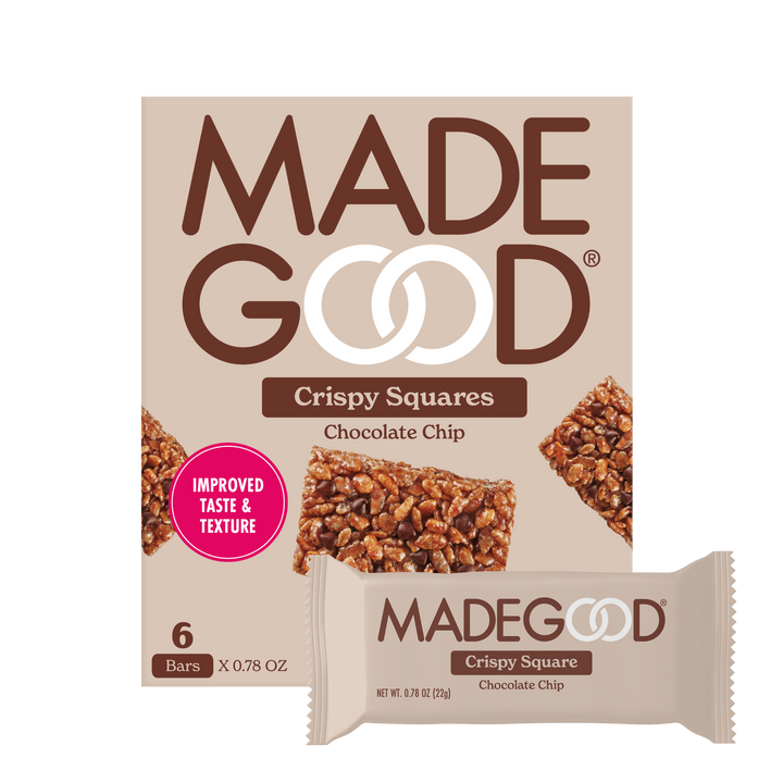 MadeGood Chocolate Chip Crispy Squares packaging. Beige box with brown text, images of chocolate chip squares, and a pink label stating 'Improved Taste & Texture.' Contains 6 nut-free, vegan, and organic-certified bars (22g each).