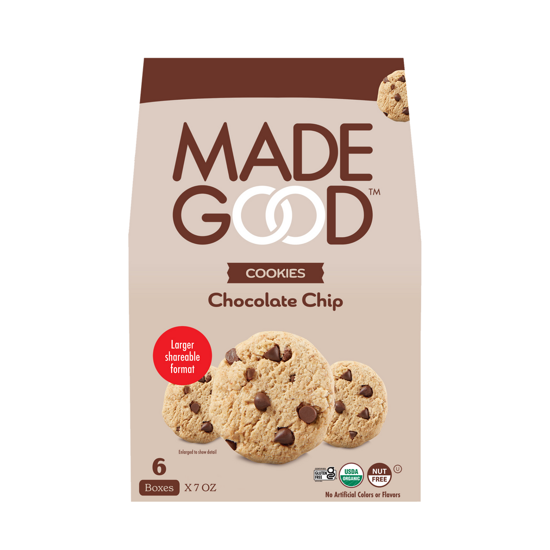 A box of MadeGood chocolate chip cookies