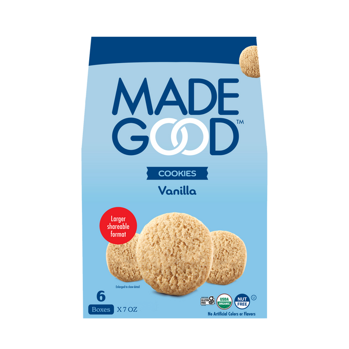 A box of MadeGood Vanilla cookies