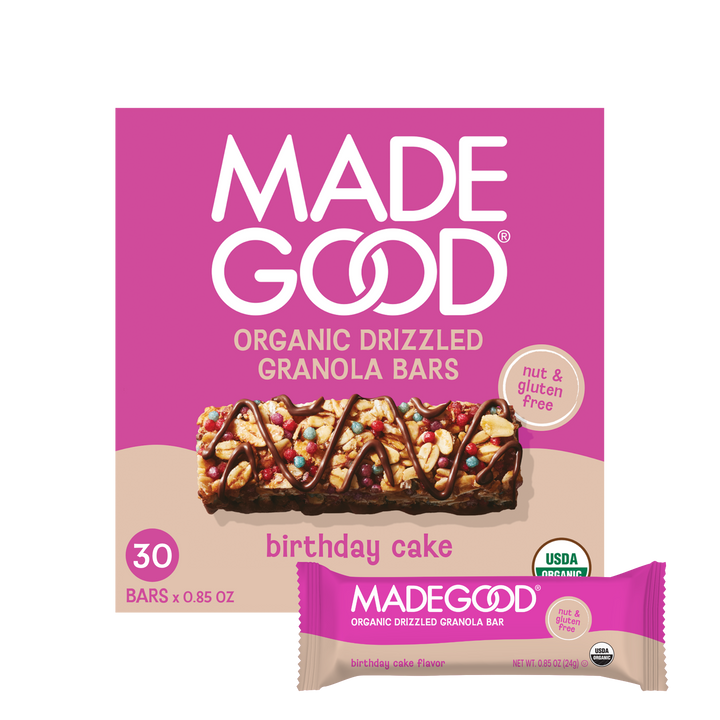 30 bars of MadeGood chocolate drizzled birthday cake granola bar