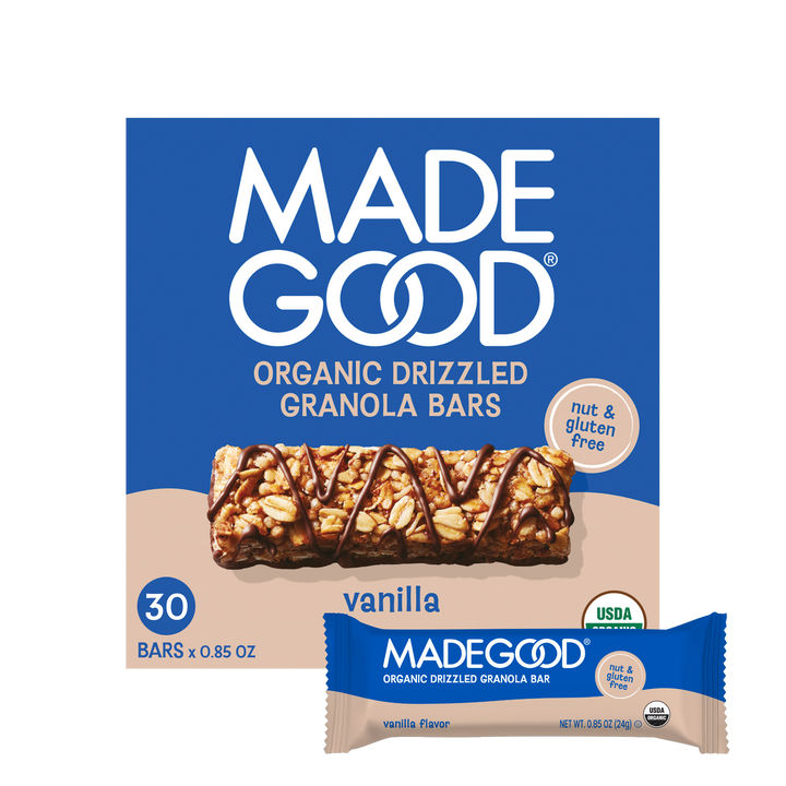 30 count of MadeGood chocolate drizzled vanilla granola bar