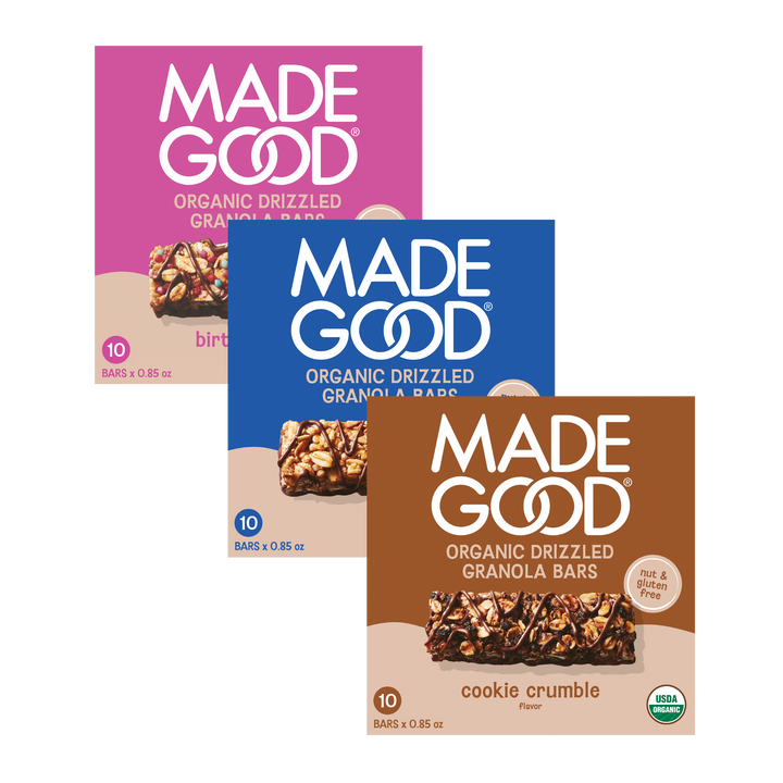 30 bars of MadeGood chocolate drizzled granola bars. 10 in each flavor: birthday cake, vanilla and cookie crumble