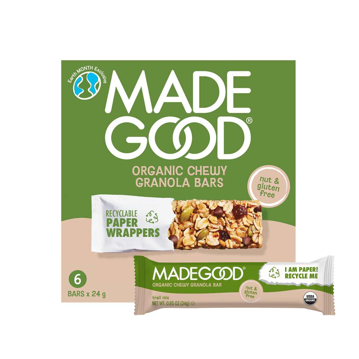 Packaging of MadeGood Organic Chewy Granola Bars features a brown and green design. The granola bar image shows oats and chocolate chips. The text highlights recyclable paper wrappers and states the bars are nut and gluten free.
