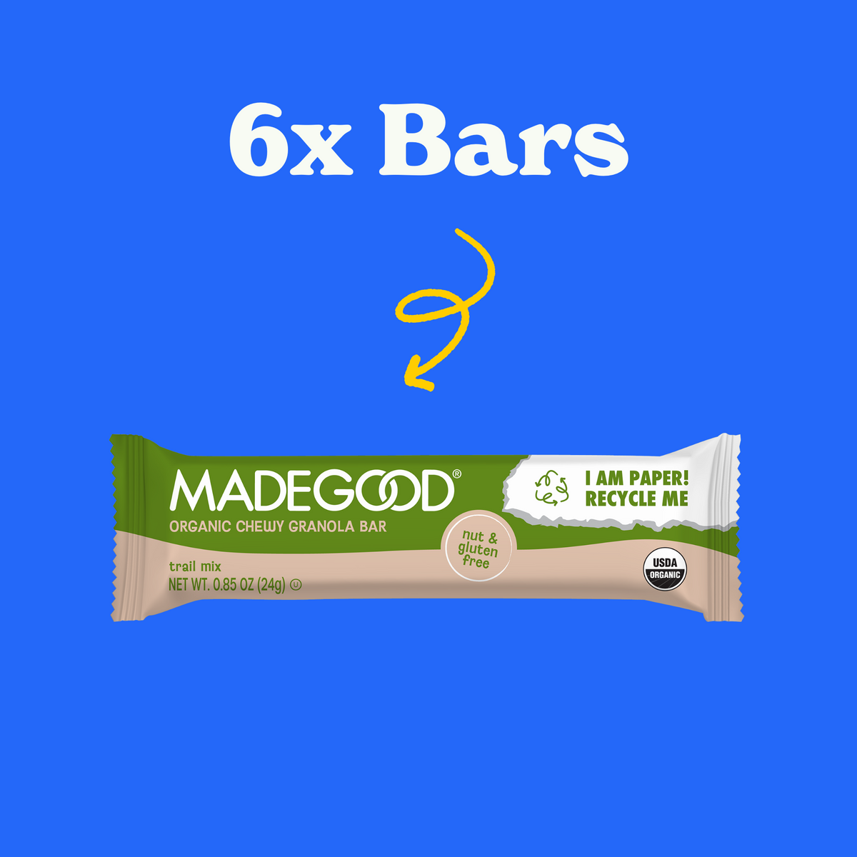 Packaging for a MadeGood organic chewy granola bar in trail mix flavor, labeled nut and gluten-free, with a recyclable paper wrapper on a blue background.