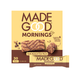 30 count of MadeGood mornings soft baked oat bar in chocolate chip flavor