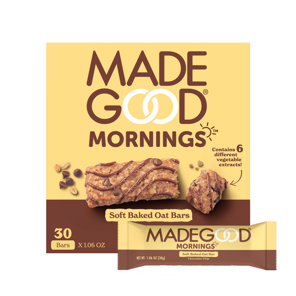 30 count of MadeGood mornings soft baked oat bar in chocolate chip flavor