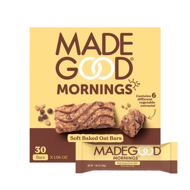 30 count of MadeGood mornings soft baked oat bar in chocolate chip flavor