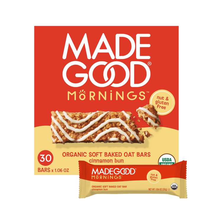 30 count of MadeGood mornings soft baked oat bars in cinnamon bun flavor