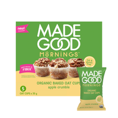 Packaging of "Made Good Mornings Organic Baked Oat Cups" in apple crumble flavor, featuring three oat cups. Labeled nut and gluten-free.