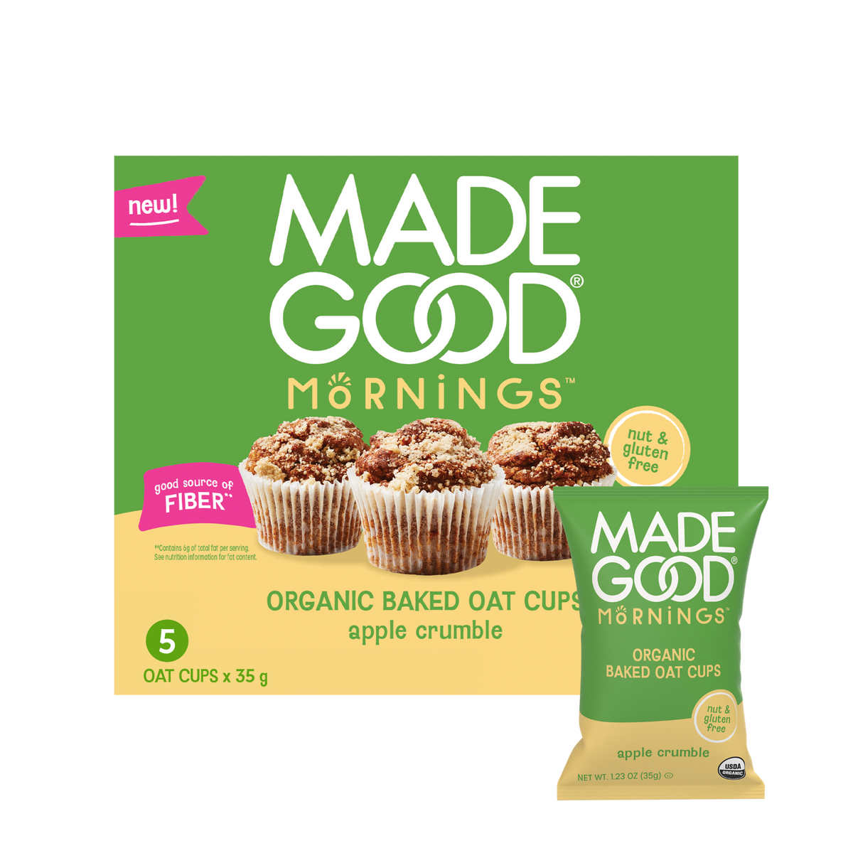 Packaging of "Made Good Mornings Organic Baked Oat Cups" in apple crumble flavor, featuring three oat cups. Labeled nut and gluten-free.