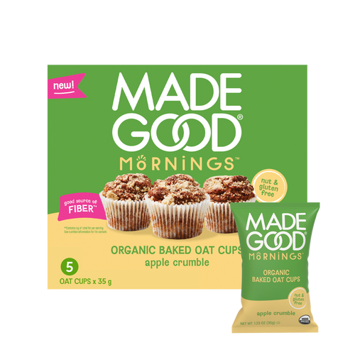 Packaging of "Made Good Mornings Organic Baked Oat Cups" in apple crumble flavor, featuring three oat cups. Labeled nut and gluten-free.