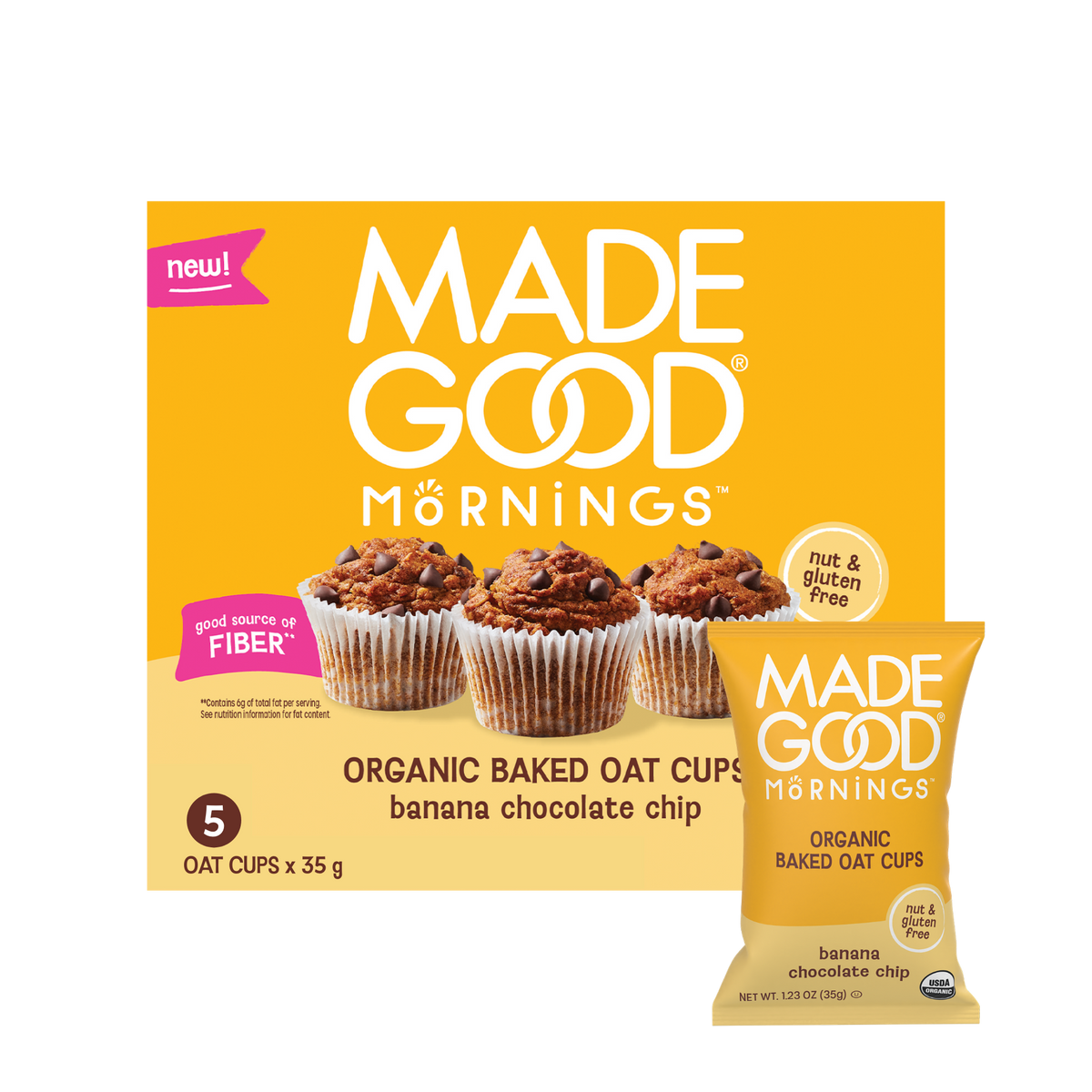 Box and pouch of Made Good Mornings Organic Baked Oat Cups, banana chocolate chip flavor. Text highlights nut and gluten free, rich in fiber.