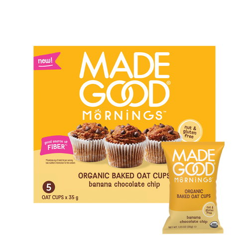 Box and pouch of Made Good Mornings Organic Baked Oat Cups, banana chocolate chip flavor. Text highlights nut and gluten free, rich in fiber.