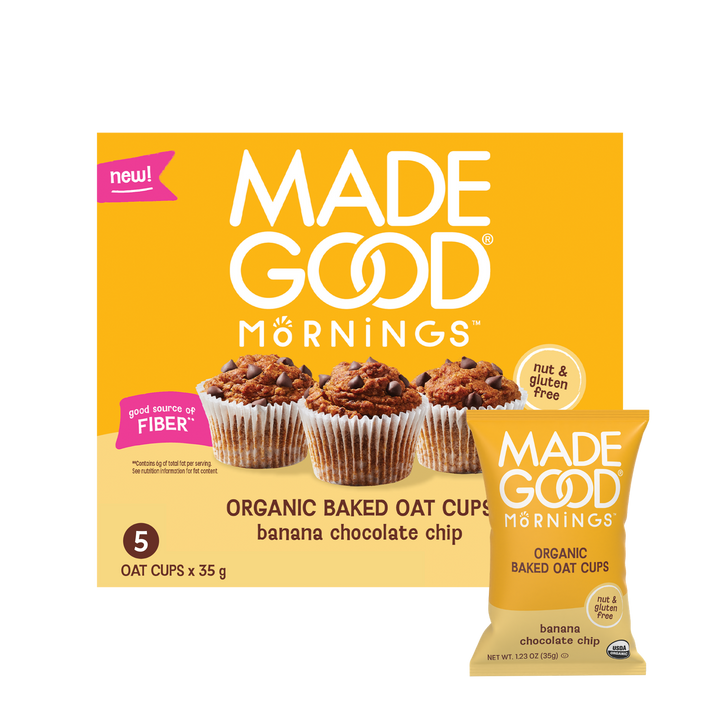 Box and pouch of Made Good Mornings Organic Baked Oat Cups, banana chocolate chip flavor. Text highlights nut and gluten free, rich in fiber.