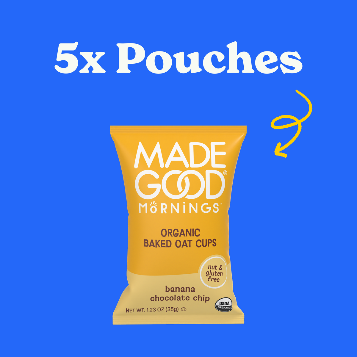 Yellow pouch labeled "Made Good Mornings Organic Baked Oat Cups, banana chocolate chip." Text above reads "5x Pouches" on a blue background with a yellow arrow.