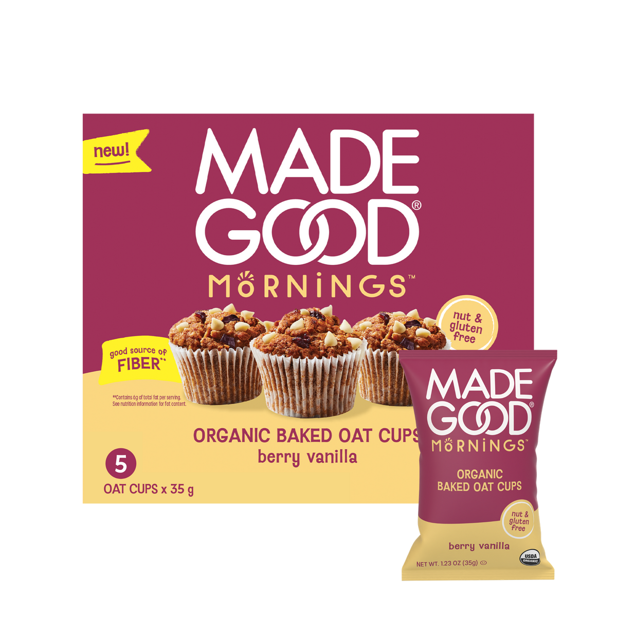 Packaging of "Made Good Mornings" organic baked oat cups in berry vanilla flavor. Features images of oat cups, labeled as nut and gluten-free, with a focus on being a good source of fiber.