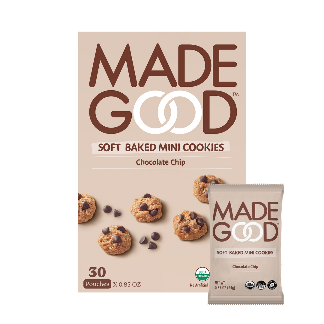 Box of MadeGood soft baked mini cookies with 30 pouches
