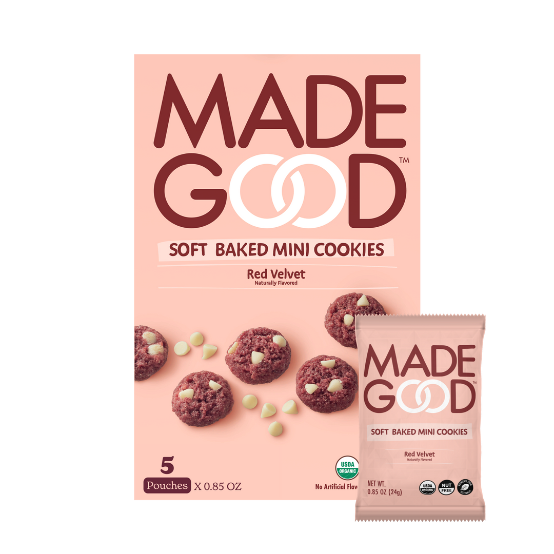 Box of MadeGood soft baked mini cookies in red velvet flavor