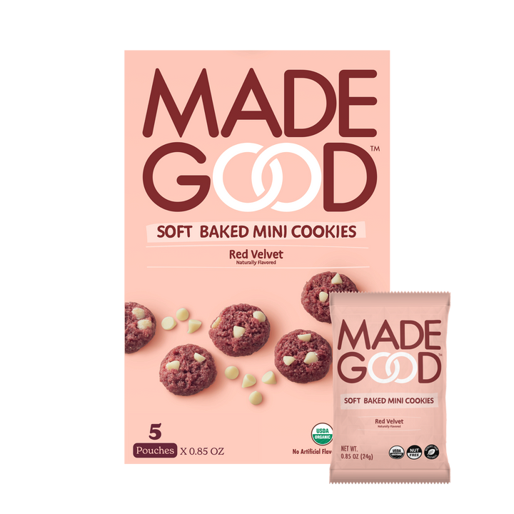 Box of MadeGood soft baked mini cookies in red velvet flavor