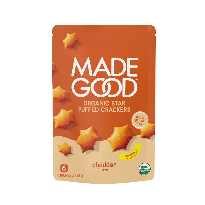6 pouches of MadeGood star puffed crackers cheddar flavor