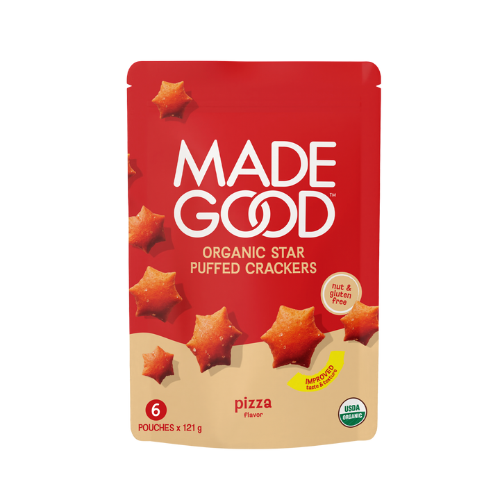 Bag of MadeGood Star Puffed Crackers in Pizza Flavor