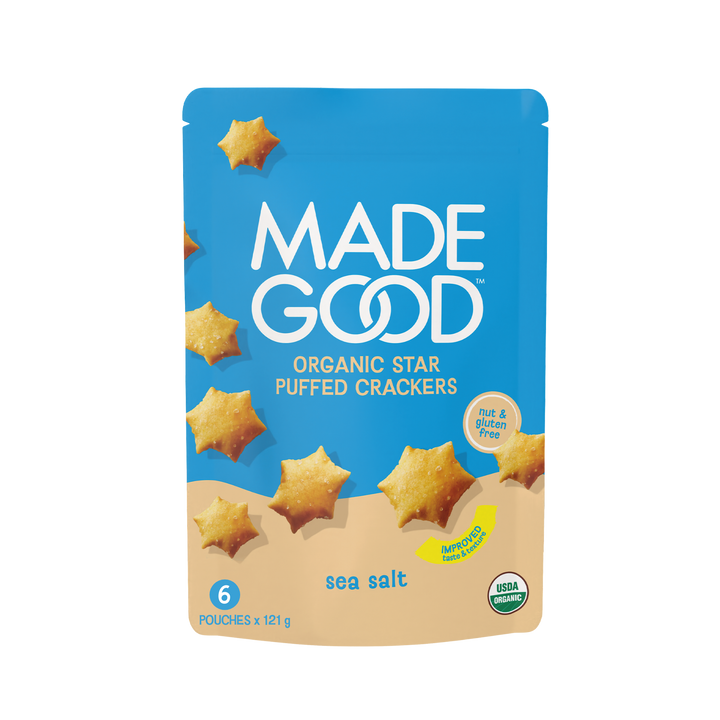 A pouch of MadeGood Star Puffed Crackers in Sea Salt flavor