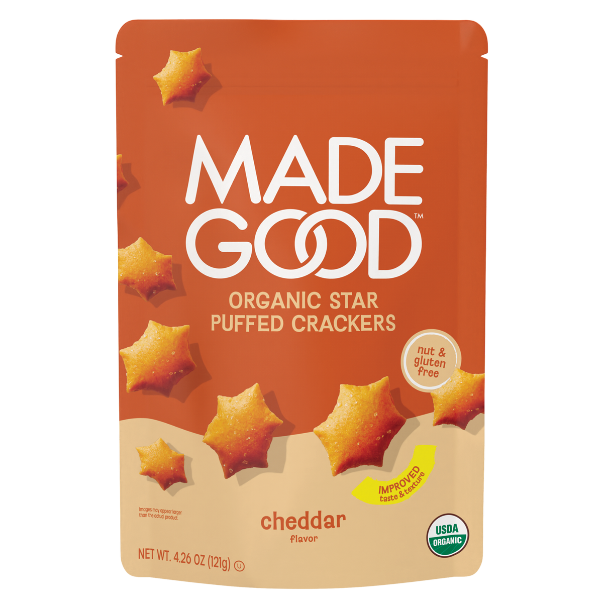 MadeGood Cheddar Star Puffed Crackers package