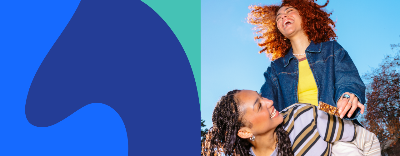 Desktop version of an image of a joyful family moment with a young girl enjoying a MadeGood snack bar, surrounded by bright playful colors.