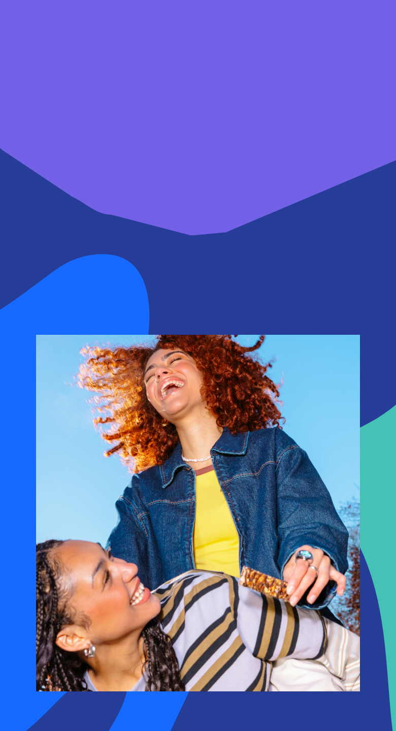 Mobile version of an image of a joyful family moment with a young girl enjoying a MadeGood snack bar, surrounded by bright playful colors.