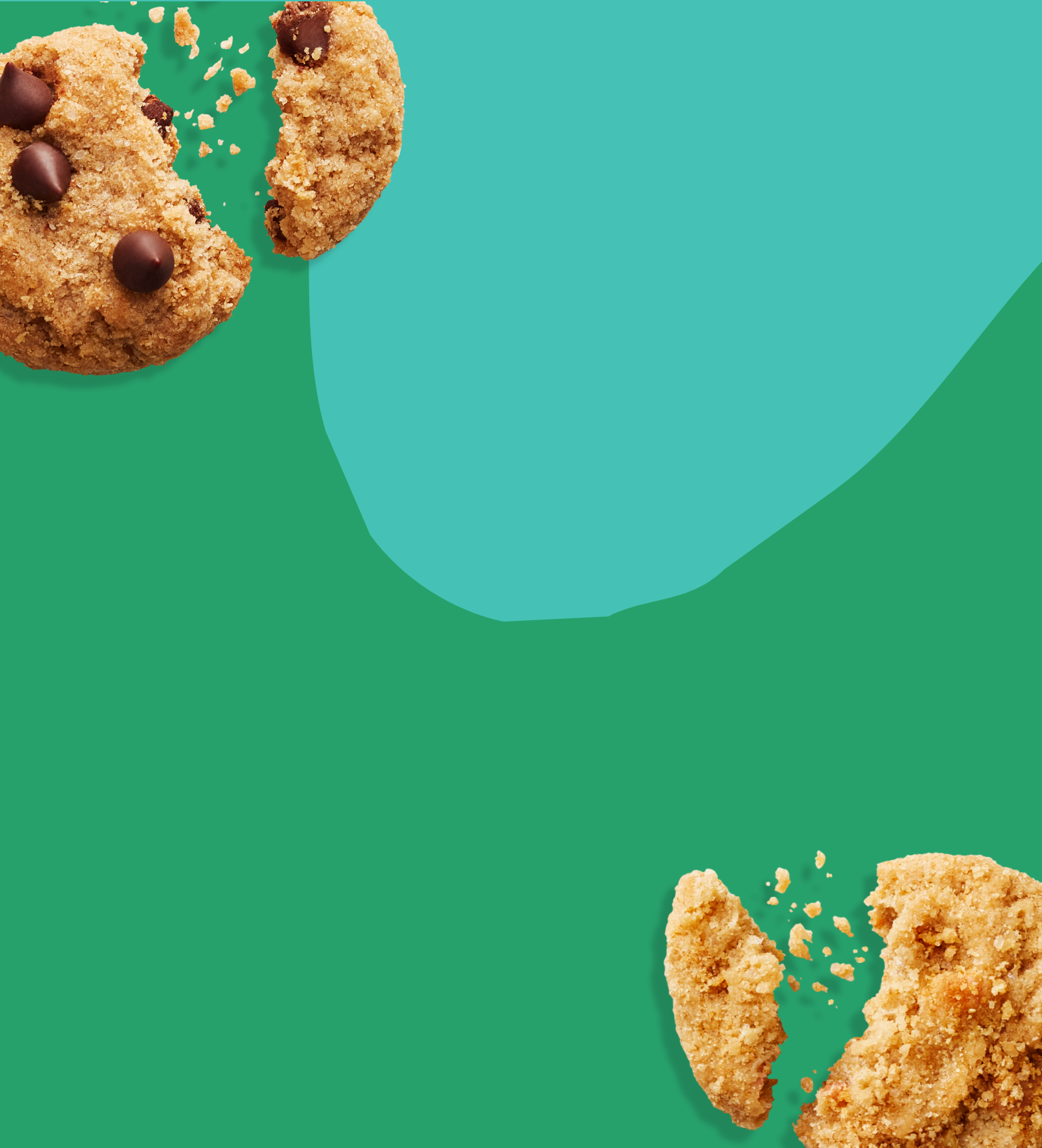 MadeGood Crunchy Cookies in chocolate chip and a snickerdoodle flavours on a green and teal abstract background background