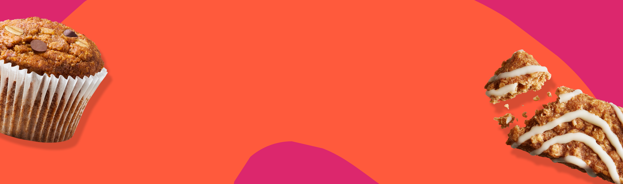 MadeGood Mornings products on an abstract pink and orange background, featuring a Mornings Cinnamon Bun Soft Baked Bar and Mornings Banana Chocolate Chip Oat Cup.